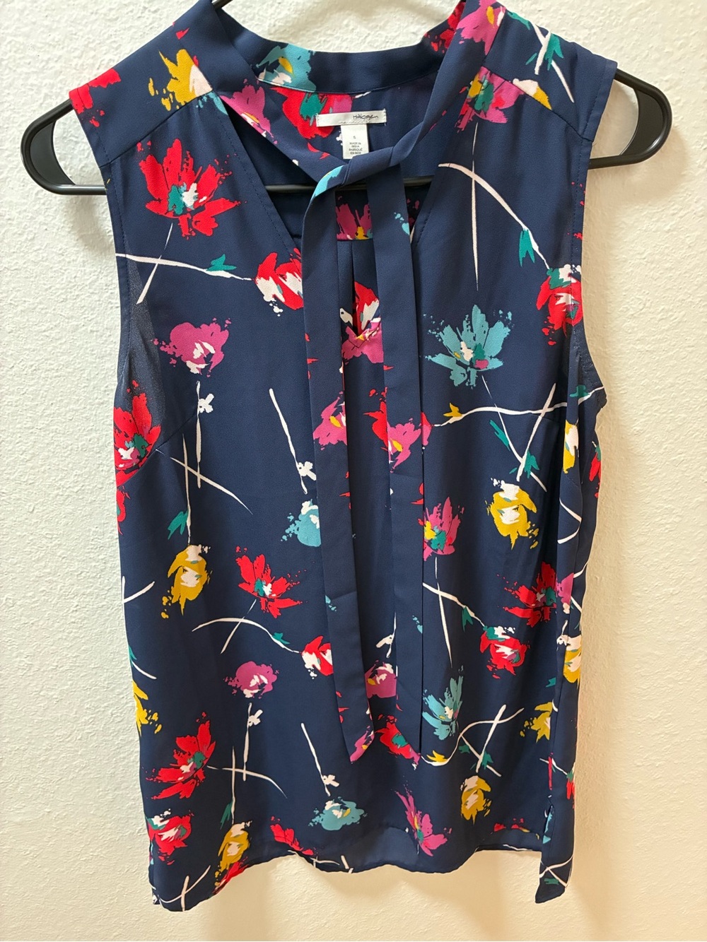 Sleeveless Navy Floral Tie-Neck Blouse
